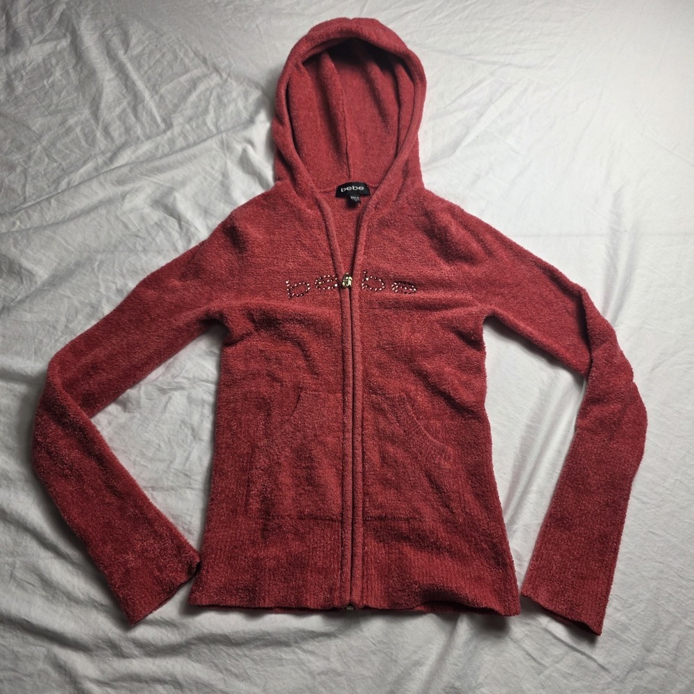 y2k bebe women's hoodie jacket full zip hooded fuzzy pink medium